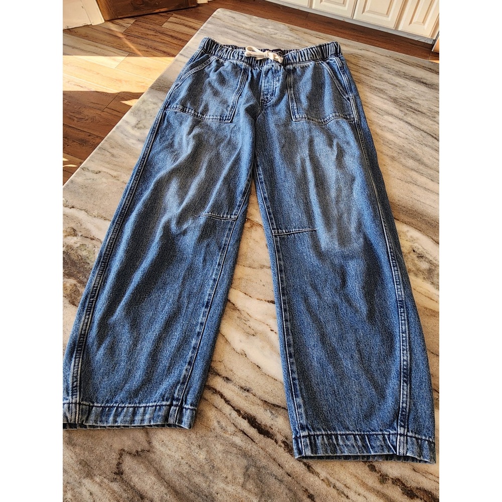 Gap Denim Pull-On Barrel Jeans Medium Wash Blue Elastic Waist Size M